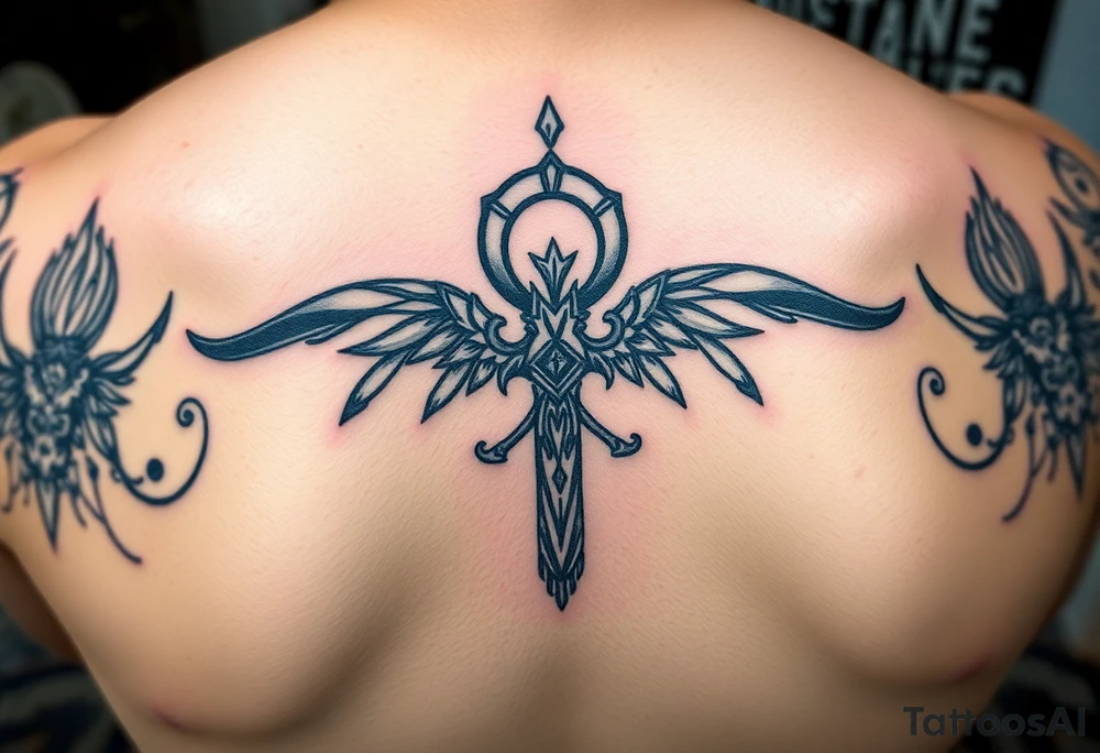 Black ankh with small details tattoo idea
