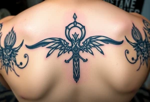 Black ankh with small details tattoo idea