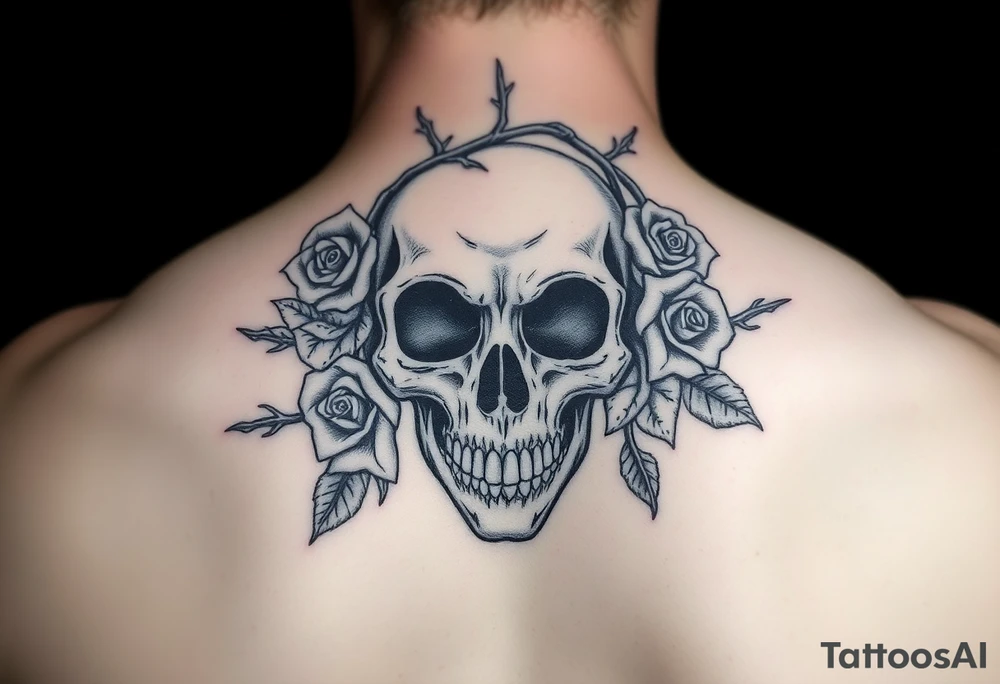 ornate skull adorned with crown of wild roses and thorns tattoo idea