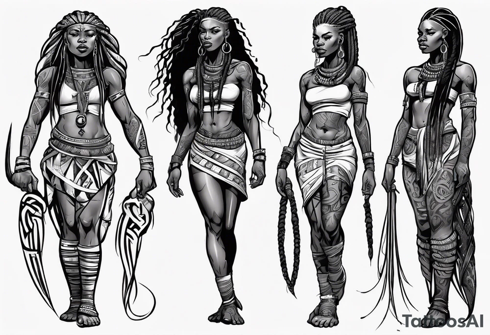 African female Viking  full body 
slim long face small mouth long braided hair tattoo idea