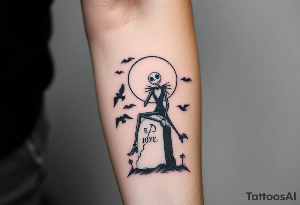 jack skellington sitting on tombstone, birds, clouds tattoo idea