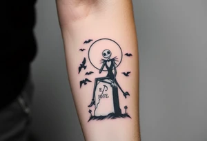 jack skellington sitting on tombstone, birds, clouds tattoo idea