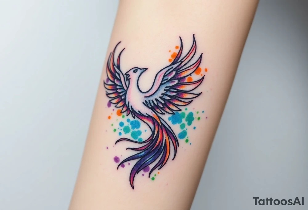 Phoenix in flames with purple, blue, orange, teal and green splashes, looking upwards tattoo idea