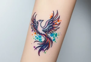 Phoenix in flames with purple, blue, orange, teal and green splashes, looking upwards tattoo idea