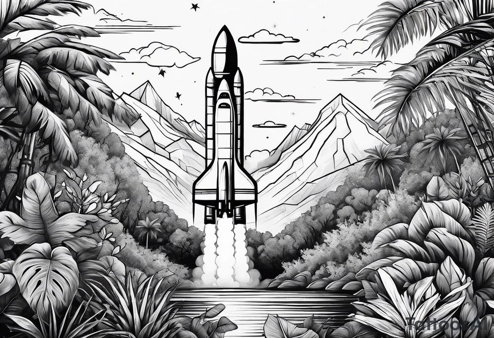 a rocket in middle of jungle line art tattoo idea