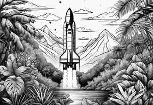a rocket in middle of jungle line art tattoo idea