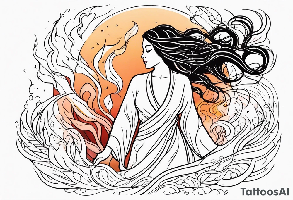 Resurrection strength and courage Beautiful Woman walking through fire and chaos to inner peace and self-love  ethereal tattoo idea