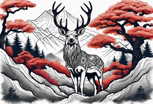 deer skull mountain trees tattoo idea