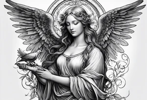 Angel with a Dove and Leonaro Da vinci Sleeve tattoo idea