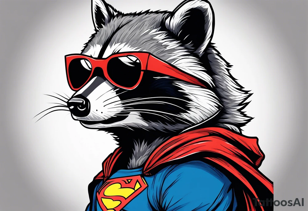 raccoon wearing a Superman hoodie tattoo idea