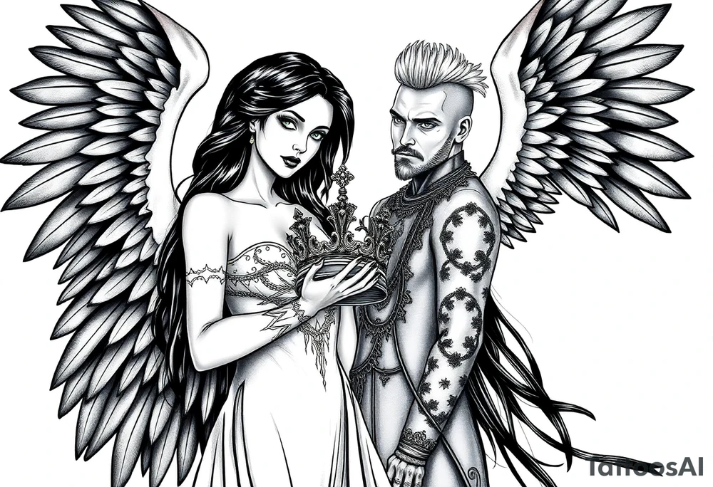 A Scorpio gypsy woman with wings like an angel and long black hair and green eyes holding a kings crown in her hands putting it on a tall man with silver short faux hawk hair and blue eyes. She is wearing a long flowing dress tattoo idea