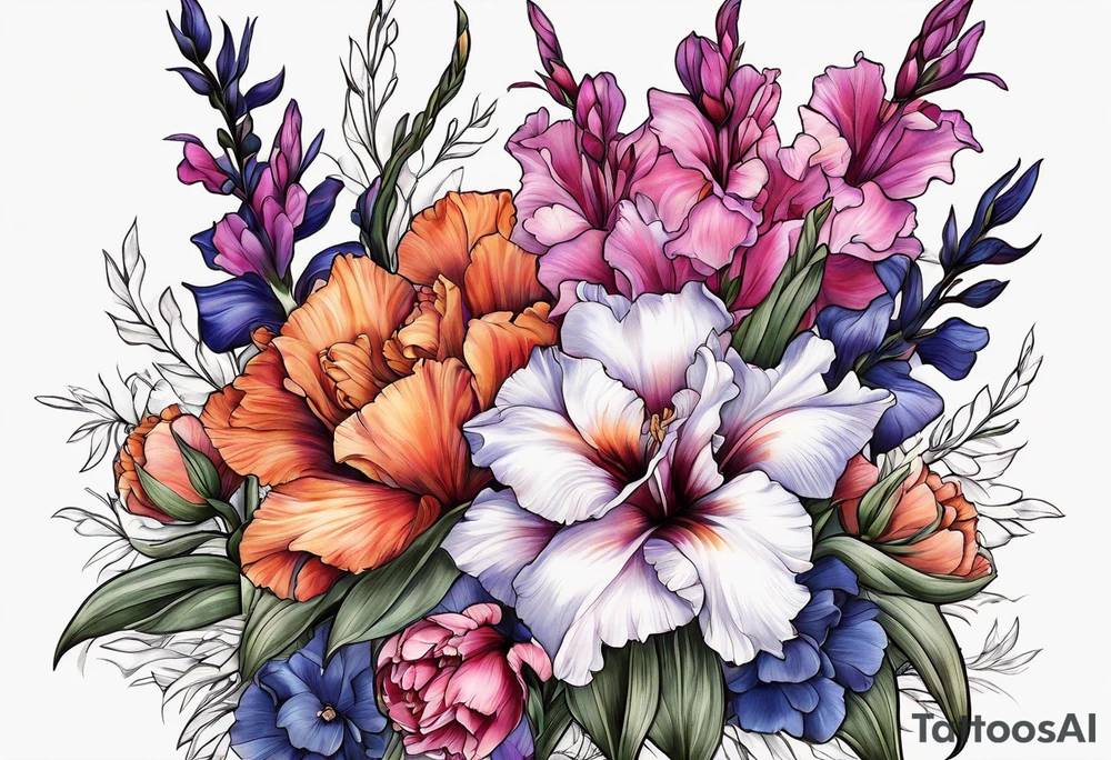 floral tattoo of purple gladiolus flowers, pink peonies, red hawthorns, orange marigold, navy blue sweet peas, and white paper white narcissus tattoo idea