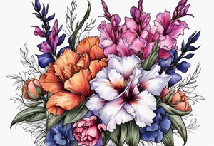 floral tattoo of purple gladiolus flowers, pink peonies, red hawthorns, orange marigold, navy blue sweet peas, and white paper white narcissus tattoo idea