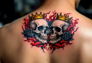 A pair of crowned skulls surrounded by black roses and crimson smoke. tattoo idea