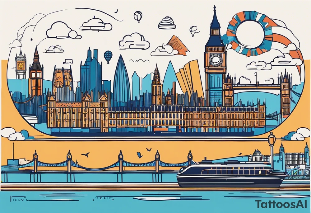 A minimalistic, abstract design capturing the architectural essence and vibe of London. Key elements of London’s skyline and structure are hinted at with clean lines, and subtle detailing includes personal touches, like a nod to Feid’s signature look (hat, glasses, mustache), integrated discreetly to honor a memorable concert experience. The tattoo combines the city’s character with personal symbolism. tattoo idea