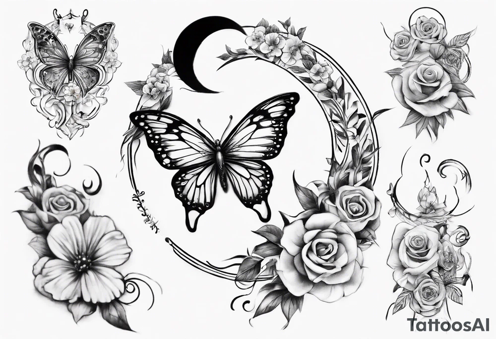 Butterfly wrap tattoos with large centre piece with moon and floral theme and heart. Bracelet around ankle show on higher ankle tattoo idea