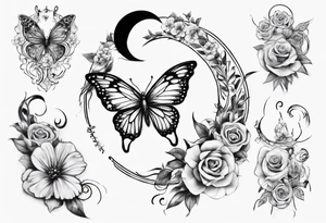 Butterfly wrap tattoos with large centre piece with moon and floral theme and heart. Bracelet around ankle show on higher ankle tattoo idea