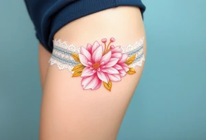 A soft peony lace garter tattoo with pastel pink petals with golden leaves tattoo idea