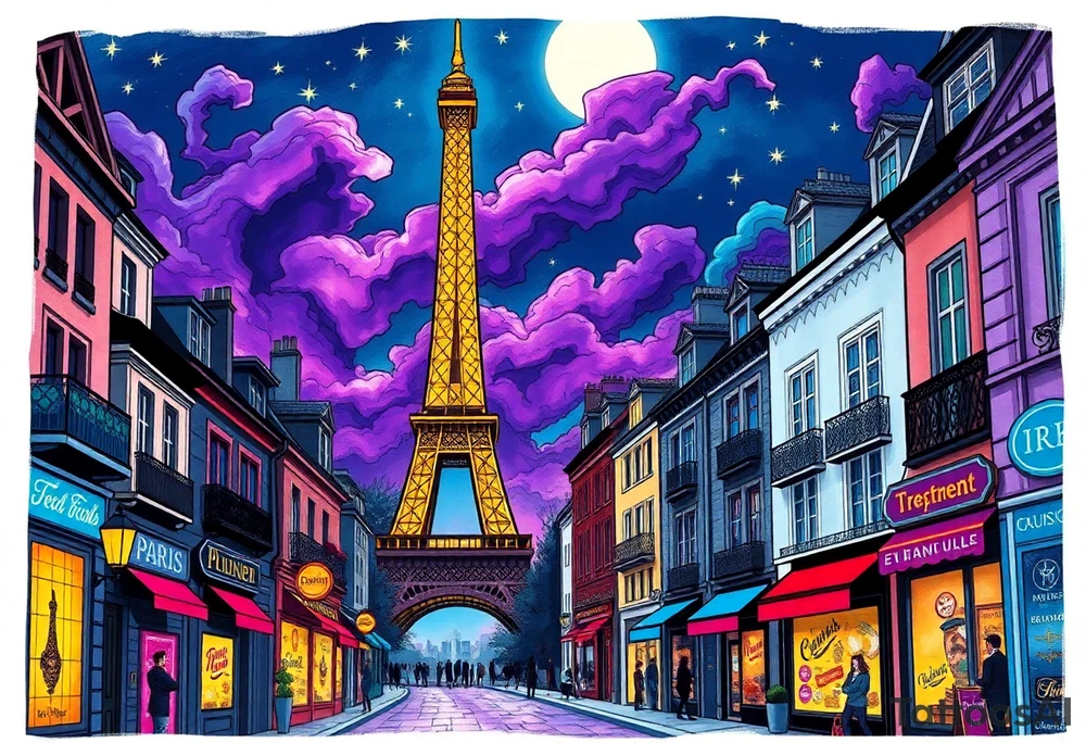 Tim Burton’s paris streets with effel tower from outside view is the street is littered with neon signs purple and cyan smokey clouds swirl and dance in the moonlit night sky filled with twinkling stars  tattoo idea tattoo idea