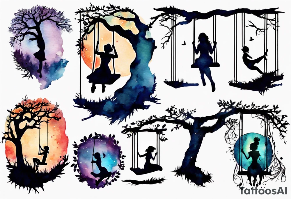 Woman on a swing off off a tree at night tattoo idea