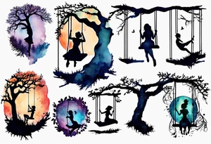 Woman on a swing off off a tree at night tattoo idea