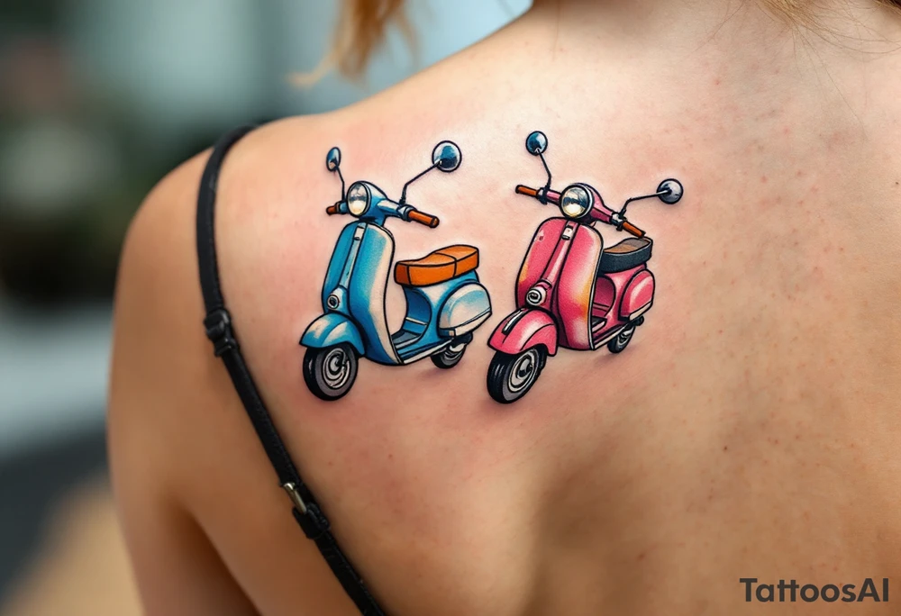 2 scooters, blue and pink, riding together tattoo idea