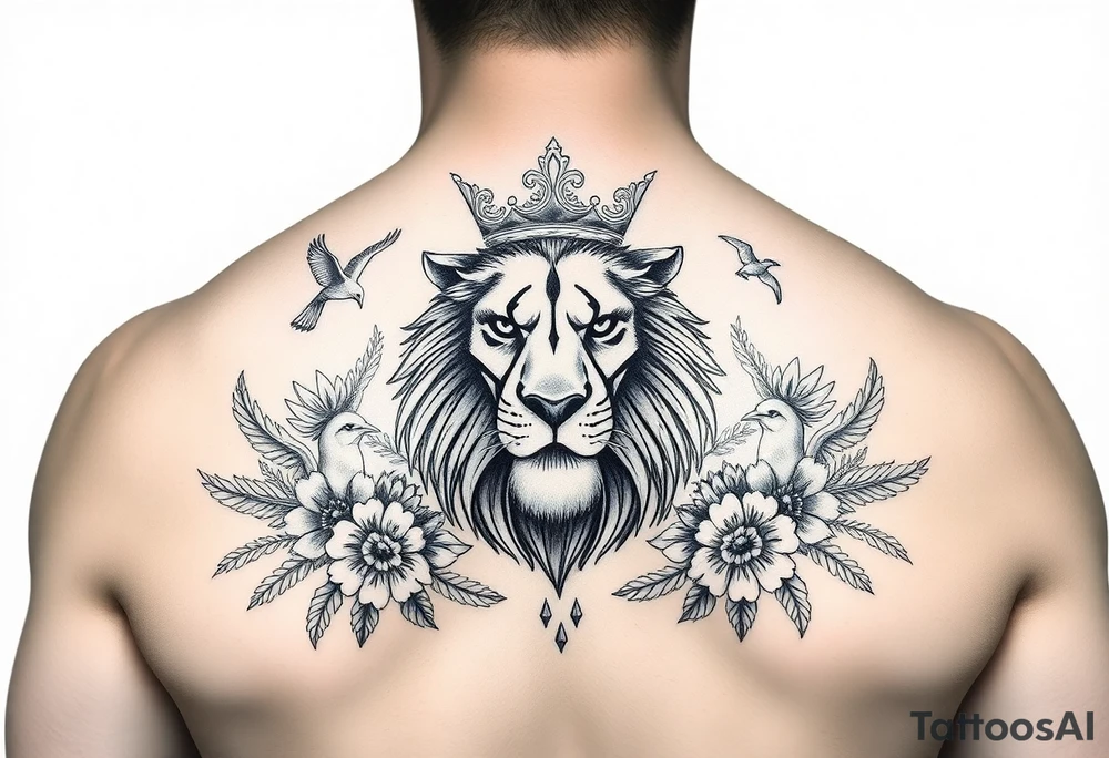 powerful majestic lion with a crown, surrounded by floral ornaments and birds tattoo idea