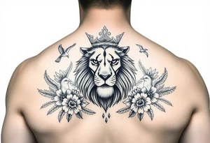 powerful majestic lion with a crown, surrounded by floral ornaments and birds tattoo idea