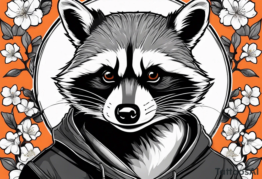Raccoon wearing a white Superman logo on a black hoodie and orange Japanese cherry blossoms beside tattoo idea