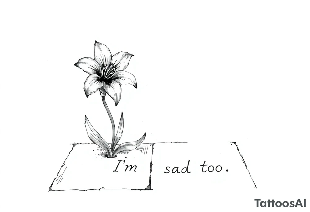 Lily growing out of tile floor with the words I’m sad too written small in the grout between two tiles tattoo idea