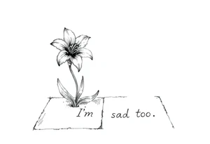 Lily growing out of tile floor with the words I’m sad too written small in the grout between two tiles tattoo idea
