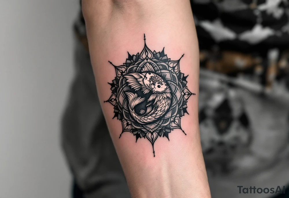 Catfish in a Mandala – A catfish curled within a black and gray mandala, symbolizing balance, persistence, and adaptability. tattoo idea