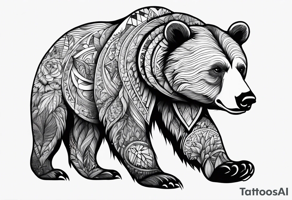 Powerful bear with the word family written tattoo idea