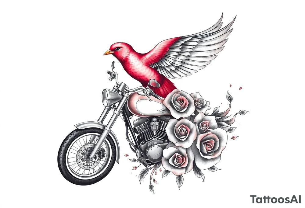 Motorcycle, red bird flying, roses and lace, flames tattoo idea