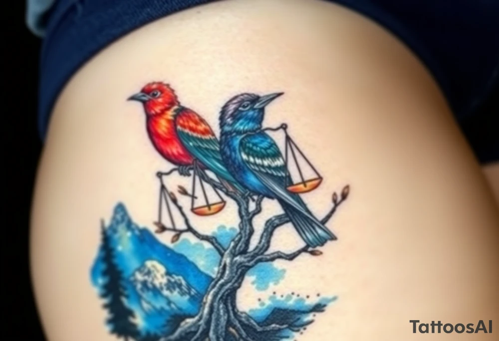 2 birds as the focus, one of the birds red wearing a suit, other bird navy blue with glasses or holding a book, scales of justice built into a tree, starry night painting and mountain background tattoo idea
