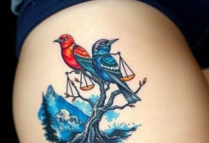 2 birds as the focus, one of the birds red wearing a suit, other bird navy blue with glasses or holding a book, scales of justice built into a tree, starry night painting and mountain background tattoo idea