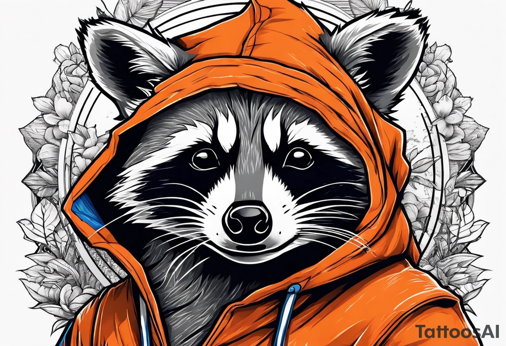 Raccoon wearing an orange Superman hoodie tattoo idea