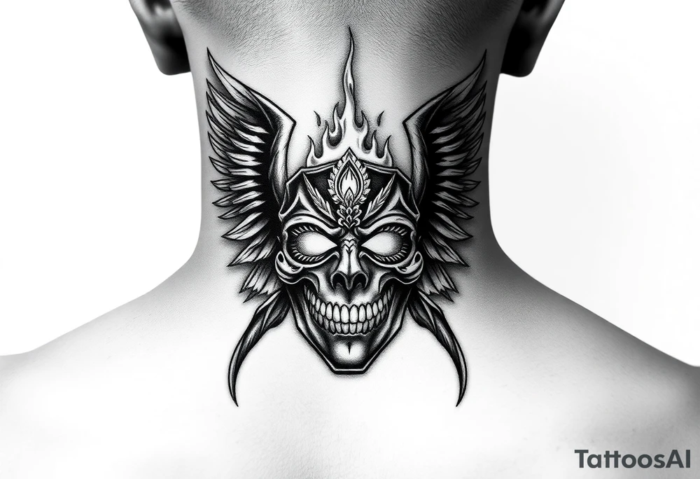 Realistic neck tattoo design. On one side, near one ear, a screaming demon facing inward. On the other side, near the other ear, a screaming angel facing the demon. Between them, in the center of the front neck, a cracked ancient mask with fire and light emerging from inside, symbolizing inner conflict and balance between good and evil. Highly detailed black and grey style, fine line shading, symmetrical, intense emotion, realistic texture. tattoo idea
