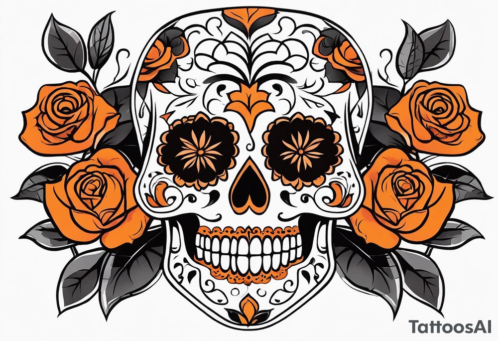 Sugar skull with roses that are orange and black with smoke around it tattoo idea