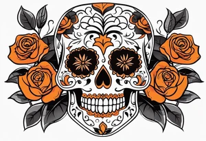 Sugar skull with roses that are orange and black with smoke around it tattoo idea