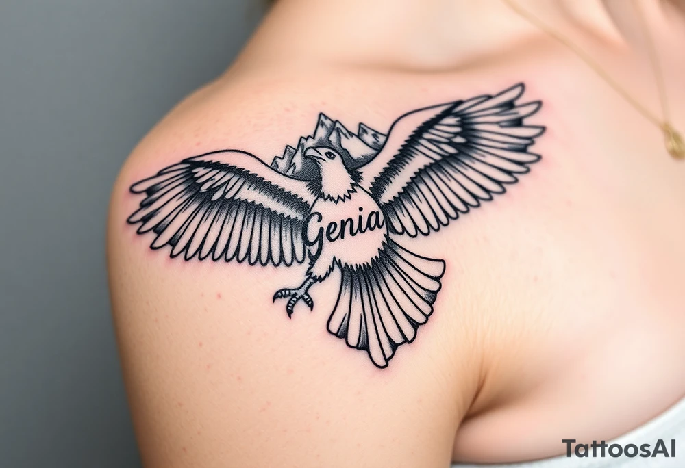 majestic eagle spreading wings against mountain peaks with name Genia in it tattoo idea