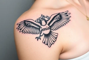 majestic eagle spreading wings against mountain peaks with name Genia in it tattoo idea