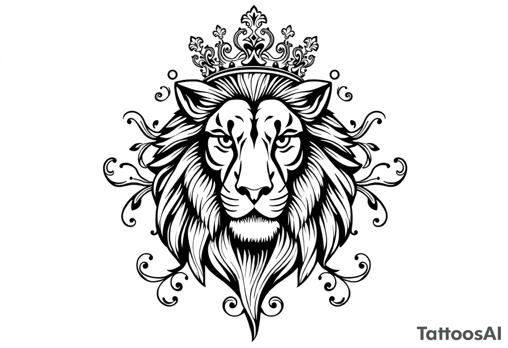 majestic lion wearing ornate crown, surrounded by baroque flourishes tattoo idea