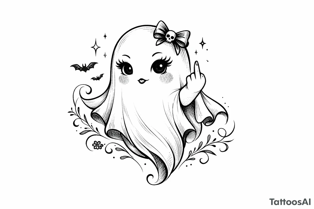 Spooky girly cute ghost giving middle finger flash tattoo idea