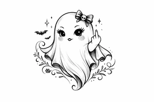 Spooky girly cute ghost giving middle finger flash tattoo idea