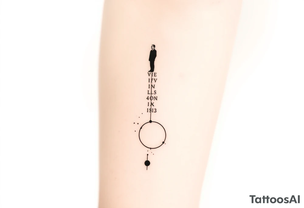 Minimalist forearm tattoo, black ink only, representing legacy and father-son connection. Two interlocking circles along an ascending abstract path, one fading at the bottom (father) and one growing solid at the top (son), symbolizing the torch passed. Fine particles rising along the line show guidance and energy. Subtle abstract figure of father integrated above. Include date VI·IV·MMXXIII and optional phrase “Building what he couldn’t”. Clean, fine-line, vertical layout for forearm, minimal yet deeply emotional. tattoo idea
