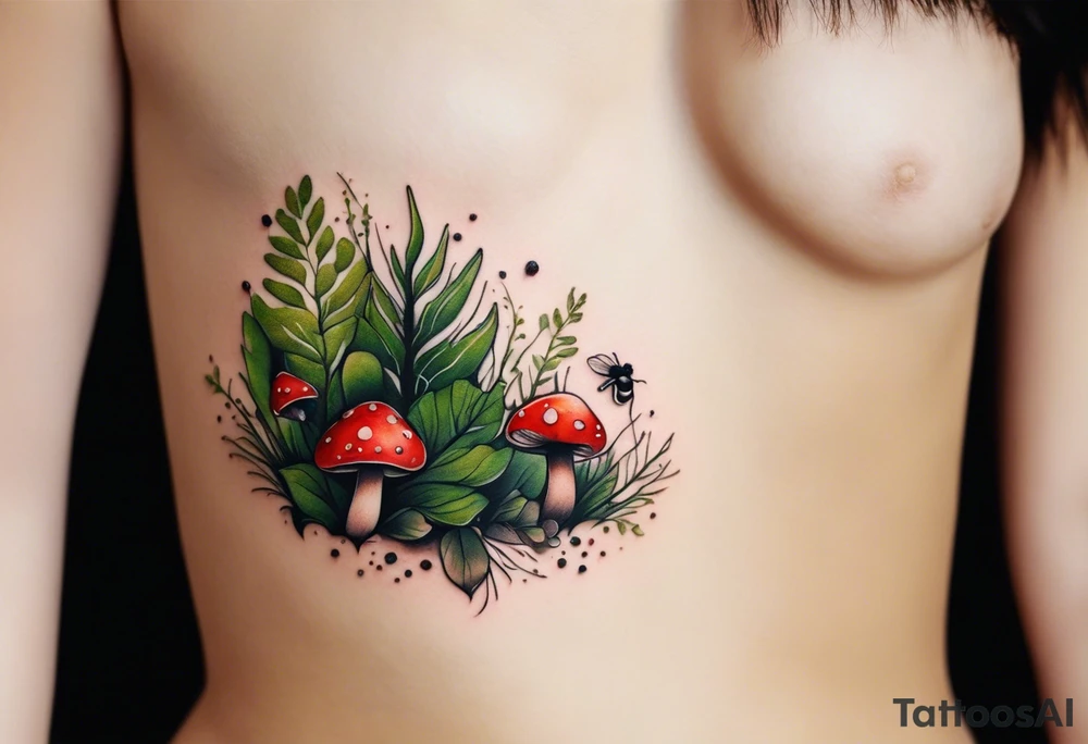 minimalistic forest floor inspired tattoo, which includes grass, moss, curly ferns and dead leaves as the bulk of the tattoo. details to include: forest berries, couple of very small brown mushrooms, a tiny bumblebee flying nearby tattoo idea