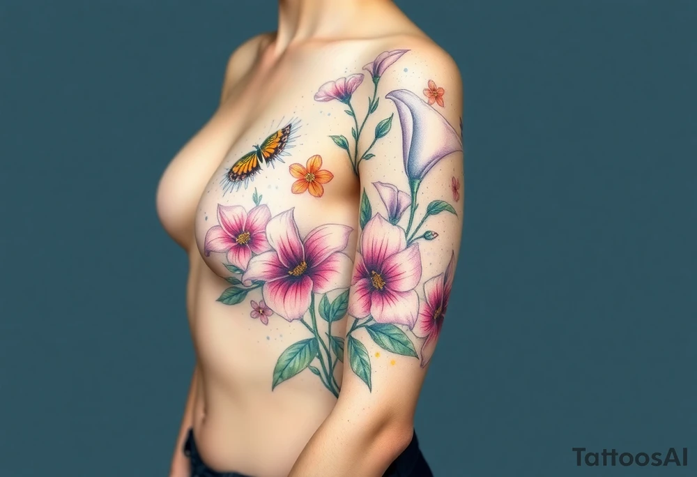 This tattoo is on a woman. It starts on her left side of the chest with a Glaiolus and Daisy together, then the tatoo rises over the left shoulder and down the arm and ends at the elbow. The tattoo will include a primroses, Calla Lilys, and Lillys. It will be light on color except in the petals and has light shading to make it pop. tattoo idea