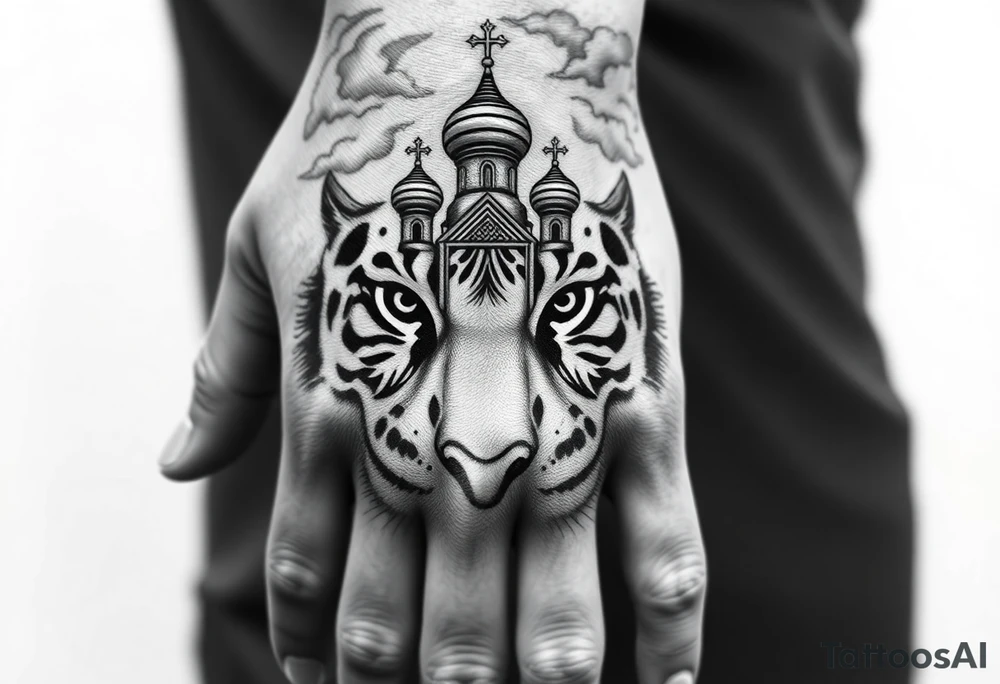 Realistic tiger face on the back of the hand with strong contrast and fine detail with hollow black eyes. with a highly detailed Russian Orthodox cathedral sitting above on fore arm with onion domes and orthodox crosses, done in fine line, engraving-like style. Cohesive composition, black ink only, no color, high contrast, slightly aged, documentary-style, plain light background. with clouds above and a virgin mary 
spanning from my hand to lower fore arm tattoo idea
