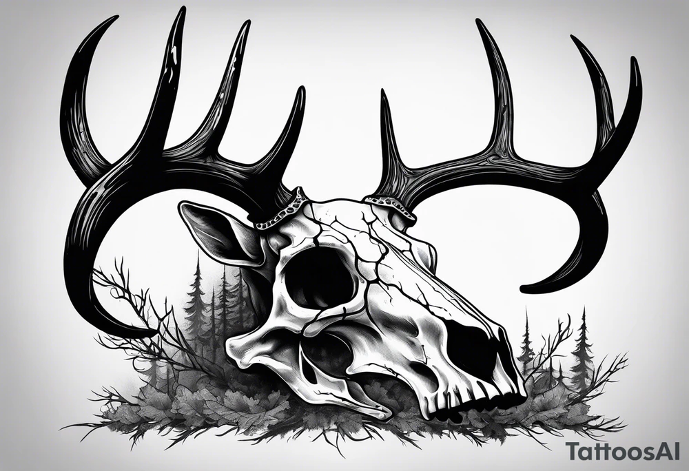 A SCARY side view of a decayed deer skull NO SKIN JUST BONE surrounded by a forest fire in background tattoo idea